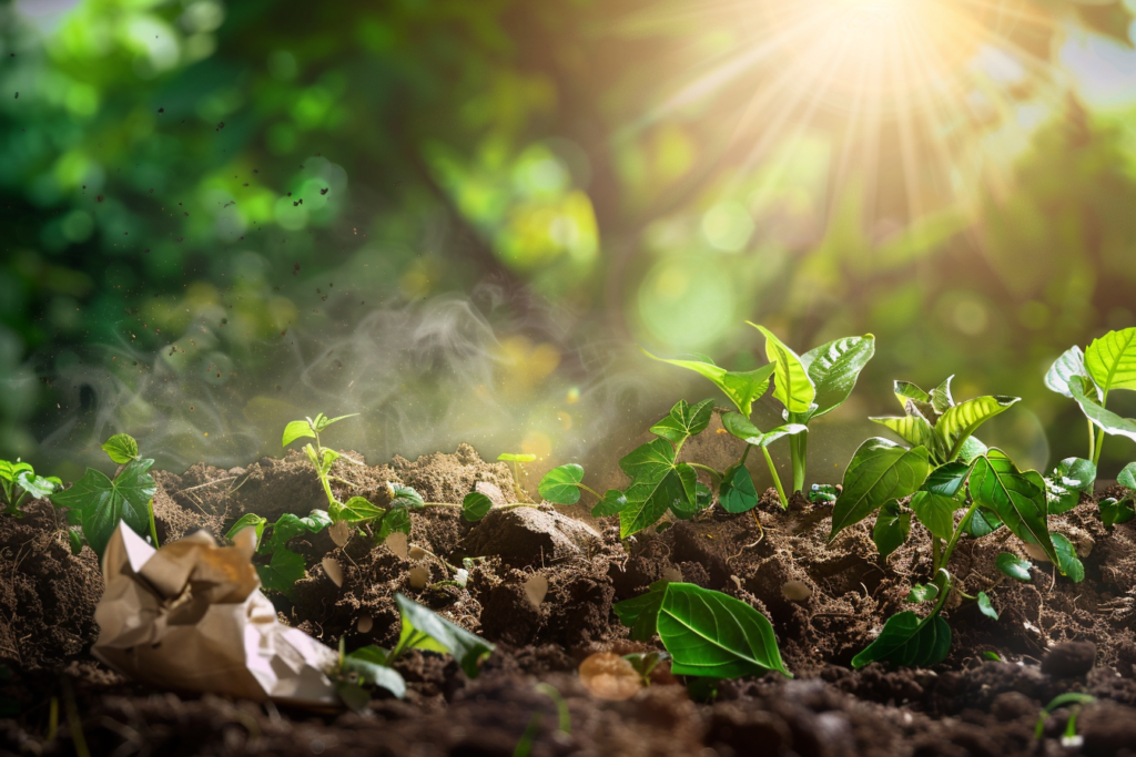 Young green plants growing in soil under sunlight with a natural background.